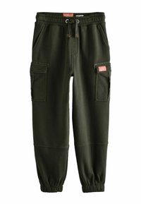 Olive green sweatpants made of soft fabric, featuring an elastic waistband, adjustable drawstring, and two side cargo pockets.