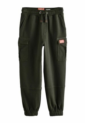 Olijfgroene sweatpants gemaakt van zacht materiaal, met een elastische tailleband, verstelbare trekkoorden en twee zijzakken.