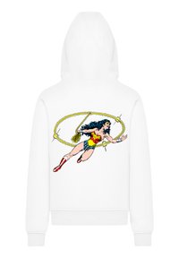White hoodie featuring a colorful printed design of a female superhero in a blue and red costume, with a lasso and vibrant details.