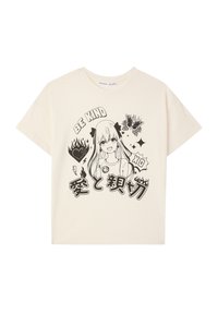 T-shirt in cotone color crema con maniche corte, caratterizzato da un'illustrazione grafica nera di una ragazza e testo che recita "SII GENTILE" accompagnato da vari simboli.