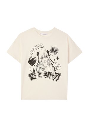 T-shirt in cotone color crema con maniche corte, caratterizzato da un'illustrazione grafica nera di una ragazza e testo che recita "SII GENTILE" accompagnato da vari simboli.