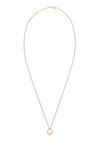 Gouden ketting met een delicate schakelsluiting en een kleine ronde hanger. De hanger heeft een gladde textuur en een minimalistische vorm.