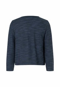 Donkerblauwe trui met een gestructureerd breipatroon. Heeft een brede halslijn en lange mouwen, met een boxy silhouet en rechte zoom.