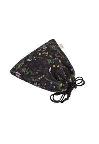 Black floral drawstring bag featuring multicolored botanical patterns, triangular shape, and textured fabric. Ties secured at the bottom.