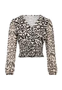 Blusa con estampado en negro y beige, con escote en V, cintura fruncida y mangas largas abullonadas, que presenta intrincados diseños en espiral sobre una tela transparente.