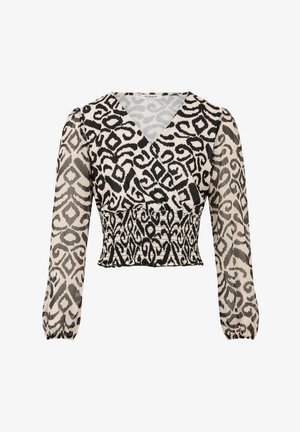 Zwarte en beige patroonblouse met V-hals, smock taille en lange pofmouwen, met ingewikkelde zwierige ontwerpen op een doorschijnende stof.