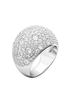 Silver ring with a rounded design, featuring multiple clustered clear gemstones with varying sizes, creating a textured and sparkling surface.