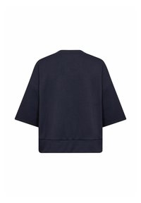 Námornícky cropped top s krátkymi rukávmi, vyrobený z jemnej látky. Má okrúhly výstrih a mierne voľný strih, s čistým dizajnom.