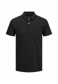 Zwarte polo van katoen, met een placket met twee knopen, korte mouwen en een klein logo op de borst. Effen kleur zonder patronen.