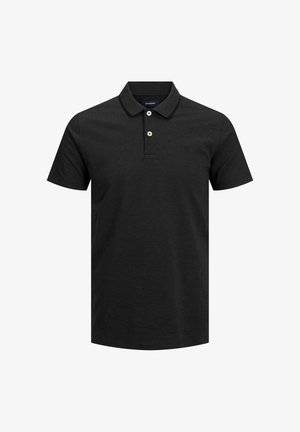 Črna polo majica iz bombaža, z dvema gumboma na vratu, kratkimi rokavi in majhnim logotipom na prsih. Enotne barve brez vzorcev.
