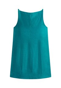 Sleeveless teal dress with a straight neckline and an above-knee length, made of smooth, solid fabric.