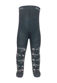Dark grey tights featuring a floral pattern in pink and green, made of soft fabric, with a ribbed waistband and seamless toe.