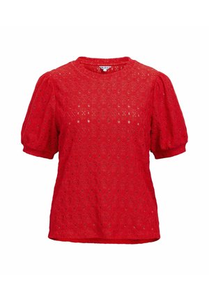 Červená krátká halenka s nařasenými rukávy a květinovým vzorem z krajky s dírkami, kulatým výstřihem a běžným střihem.