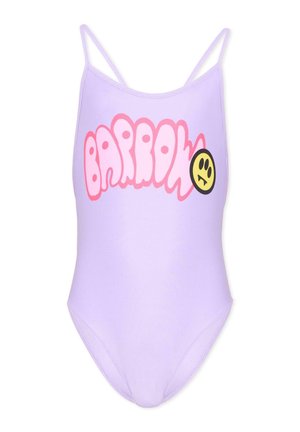 Costume intero lilla con spalline sottili, scritta rosa a bolle sul petto e una piccola grafica gialla con faccina triste sul lato destro.