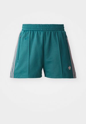 Teal athletic shorts with an elastic waistband, features pink and white striped side accents, and zippered side pockets. Logo on hem.