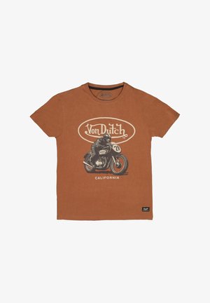 T-shirt en coton marron à manches courtes avec un graphique d'un motard sur une moto vintage, texte "Von Dutch" et "California".