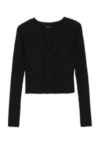 Cardigan nero a coste con scollo a V e maniche lunghe. Presenta una chiusura con bottoni frontale e una lunghezza corta. Texture liscia.