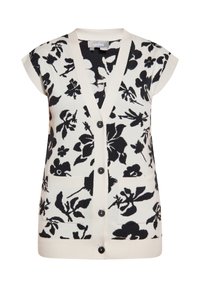 Cardigan lavorato a maglia floreale in crema e nero, con scollatura a V profonda, maniche corte a sbuffo, bottoni frontali e due grandi tasche.