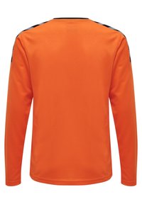 Langärmliges Sporthemd in knalligem Orange, aus leichtem Stoff. Mit schwarzen Akzenten an den Schultern und einem Rundhalsausschnitt.