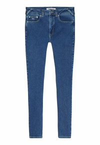 Chude dżinsy w niebieskim kolorze z gładką fakturą, pięcioma kieszeniami oraz etykietą z logo na pasku. Charakteryzują się minimalnym przeszyciem.