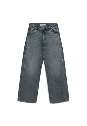 Jeans in denim con gambe larghe, vita alta e sottili decorazioni di strass sparse lungo i lati frontali.