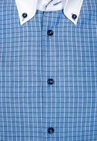 Niebiesko-biała koszula w kratę z klasycznym kołnierzem, ozdobiona ciemnymi guziczkami i gładką fakturą. Zaprojektowana z wzorem w kratkę.