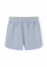 Shorts de sport bleu clair avec taille élastique et ourlet courbé, conçus pour le confort et un style décontracté.