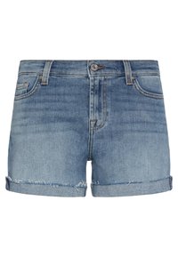 Jasnoniebieskie szorty dżinsowe z postarzanym wykończeniem, z podwiniętym brzegiem, przednimi kieszeniami oraz mosiężnymi elementami do zapinania.