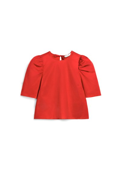 Rote kurzärmlige Bluse mit gepufften Schultern und einem kleinen Schlüsselloch- sowie Schleifenverschluss am Rücken-Halsausschnitt.