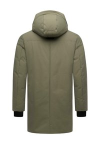 Grön, isolerad parka med avtagbar huva, med rak skärning, långa ärmar och svarta elastiska muddar. Slät textur, minimalistisk design.