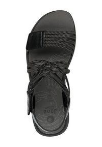 Czarne sandały z teksturowanymi paskami z materiału, płaską podeszwą i regulowanym zapięciem na rzep. Wnętrze ma wzorzystą wkładkę dla komfortu.