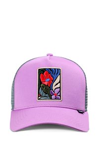 Gorra de malla en lilac y gris con un colorido parche rectangular bordado en la parte frontal que presenta diseños abstractos de flores y hojas.
