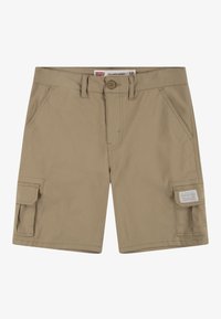 Beżowe bawełniane spodenki cargo z dwoma bocznymi kieszeniami, z przodem na guzik oraz metką na lewej kieszeni cargo. Luźny krój.