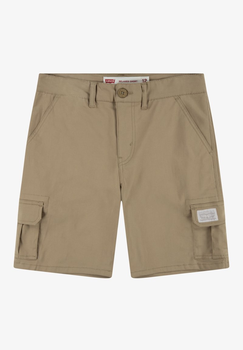 Beżowe bawełniane spodenki cargo z dwoma bocznymi kieszeniami, z przodem na guzik oraz metką na lewej kieszeni cargo. Luźny krój.