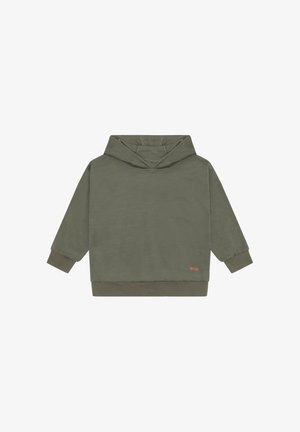 Felpa a maniche lunghe verde oliva con polsini e orlo a coste, dotata di una piccola toppa marrone vicino al lato destro inferiore.