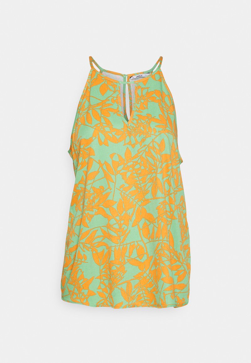 Top sem mangas verde com um padrão de folhas laranja, decote em gota e tecido leve, projetado para conforto e respirabilidade.