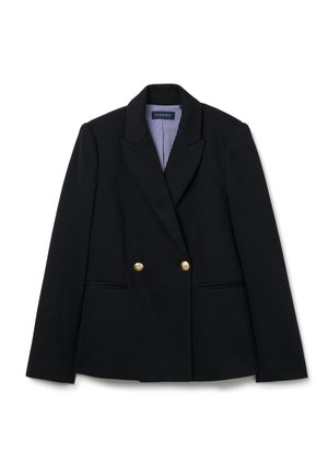 Schwarzer zweireiher Blazer mit zwei goldenen Knöpfen, Seitentaschen und gestreifter Futterung. Maßgeschneiderte Passform mit betonten Schultern.