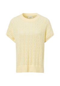 Kurzarmpullover aus leichtem Gelb mit strukturiertem, Lochmuster-Design und geripptem Saum. Weiches Material mit lässigem Schnitt und Rundhalsausschnitt.