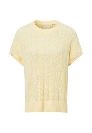 Kurzarmpullover aus leichtem Gelb mit strukturiertem, Lochmuster-Design und geripptem Saum. Weiches Material mit lässigem Schnitt und Rundhalsausschnitt.