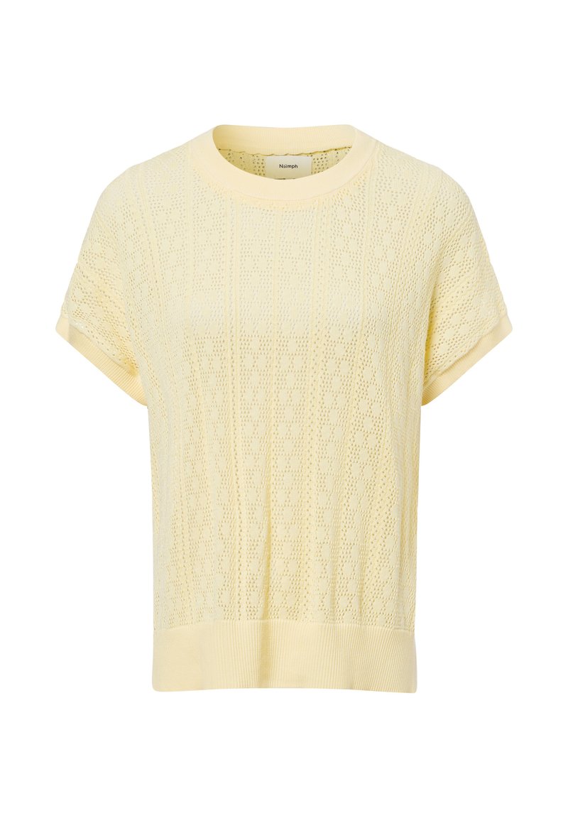 Kurzarmpullover aus leichtem Gelb mit strukturiertem, Lochmuster-Design und geripptem Saum. Weiches Material mit lässigem Schnitt und Rundhalsausschnitt.