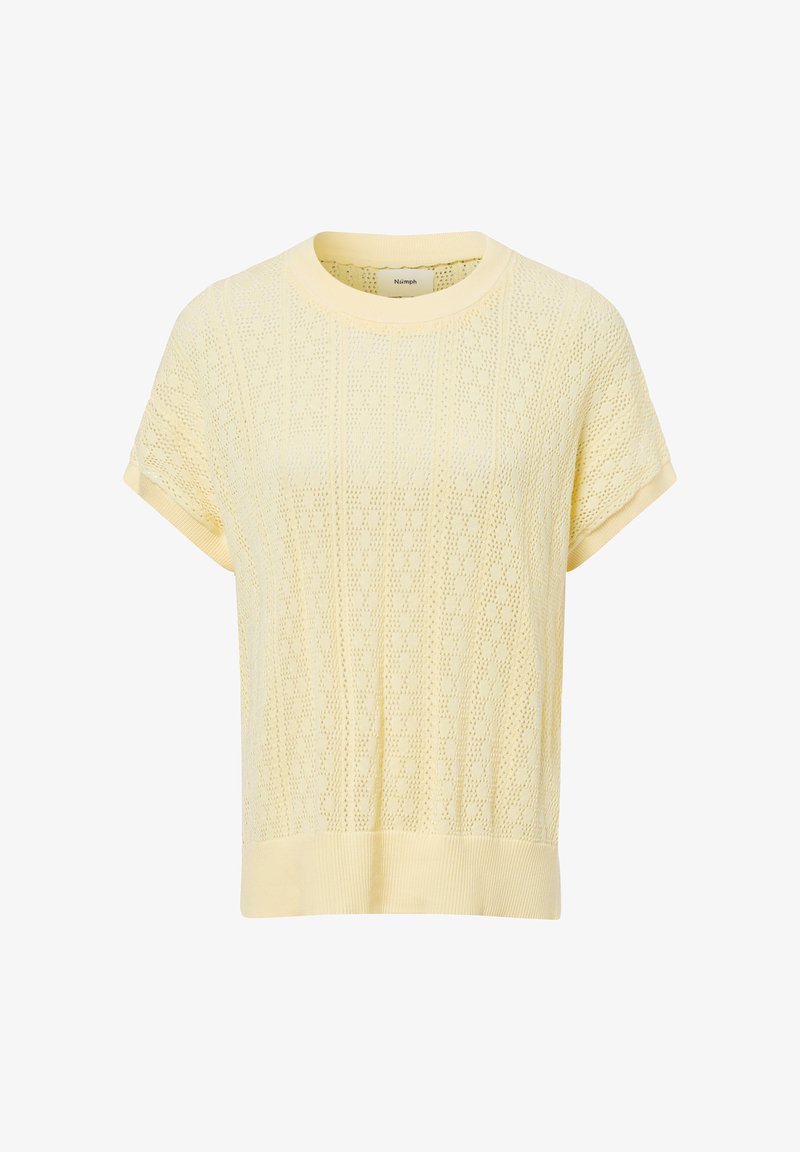 Short-sleeve knit sweater in light yellow with a textured, openwork design and ribbed hem. Soft material with a relaxed fit and crew neck.