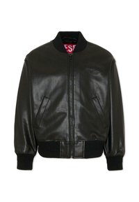 Veste bomber en cuir noir avec poignets et col côtelés, fermeture éclair à l'avant, poches latérales et logo embossé sur la poitrine.