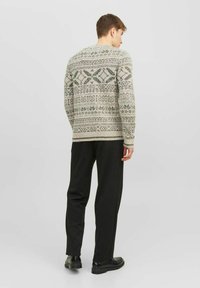 Strickpullover in Hellgrau mit dunkelgrünen und schwarzen geometrischen Mustern. Rundhalsausschnitt, lange Ärmel und gerippte Bündchen. Kombiniert mit schwarzen Hosen.