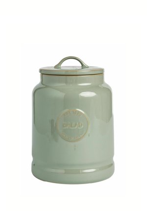 Grüner Keramik-Brotbehälter mit Deckel und Griff, vorne mit der Aufschrift "BREAD" in einem runden erhabenen Design.