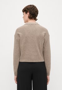 Tan cropped sweater with a textured knit, featuring a collar and long sleeves. The back has a clean finish, paired with black pants.
