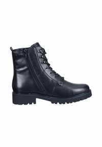 Bottine en cuir noir avec une semelle en caoutchouc plate, dotée d'un laçage à l'avant et d'une fermeture éclair sur le côté pour un enfilage facile. Texture lisse et design robuste.