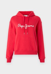 Rode hoodie met wit "Pepe Jeans"-logo, voorzien van een capuchon met trekkoord, lange mouwen en geribde boorden en zoom. Gemaakt van glad katoenmateriaal.