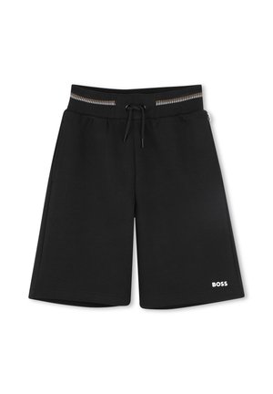 Pantaloni corti neri realizzati in tessuto morbido, dotati di una vita elastica con coulisse e un logo bianco in basso.