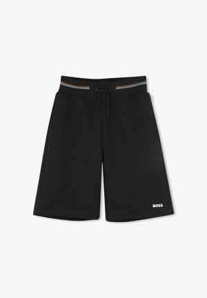 Pantaloni corti neri realizzati in tessuto morbido, dotati di una vita elastica con coulisse e un logo bianco in basso.