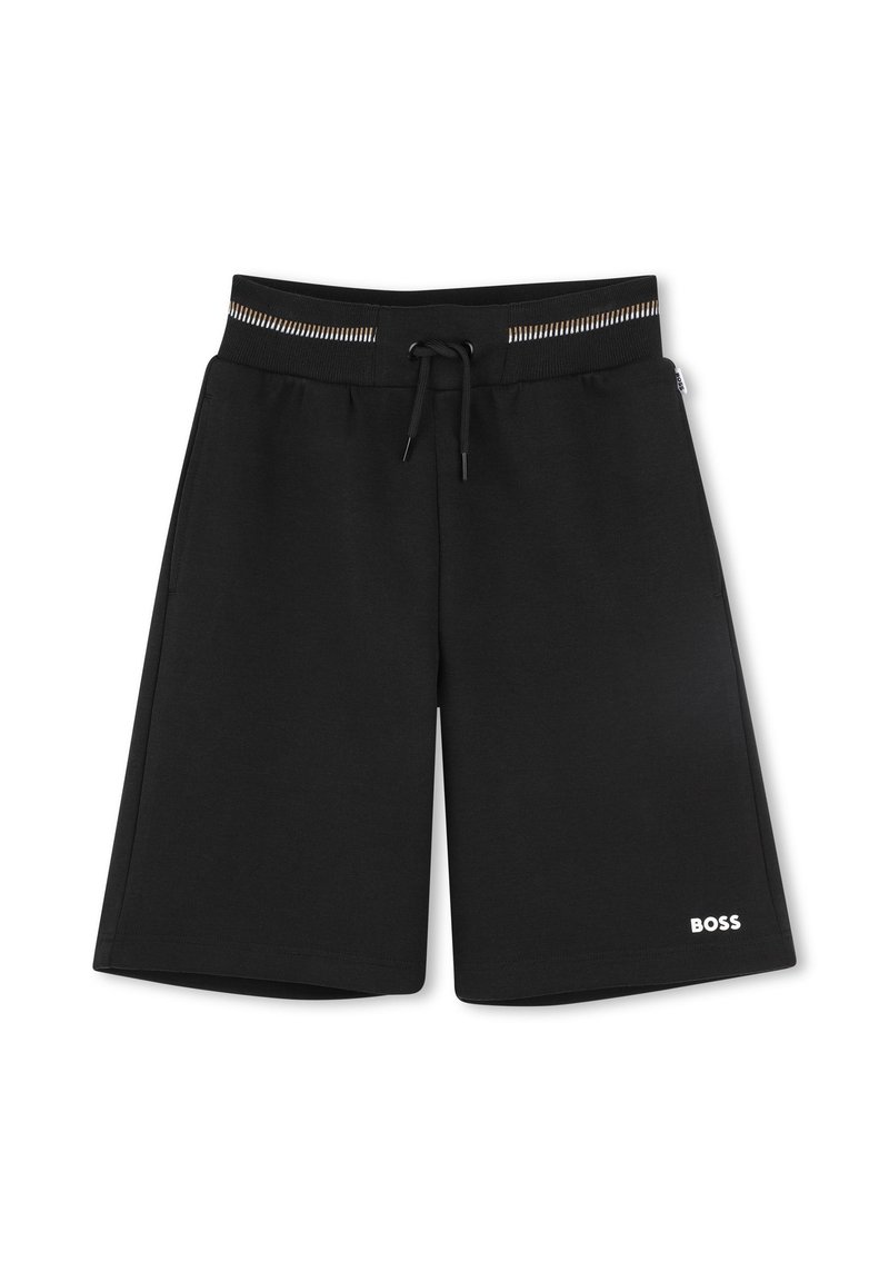 Pantaloni corti neri realizzati in tessuto morbido, dotati di una vita elastica con coulisse e un logo bianco in basso.